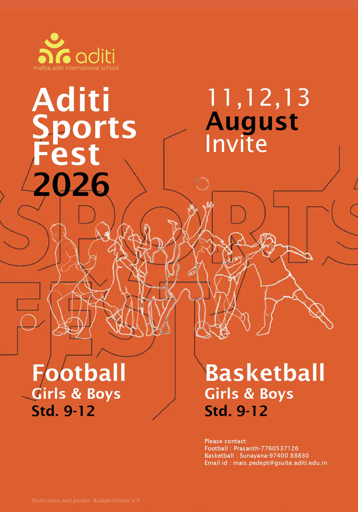 Aditi Sports Fest 2026 official poster showing athletes playing football and basketball